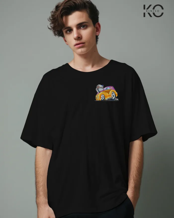 Image of Black color drop shoulder t-shirt with Racing Car Engine Print for men at reasonable price